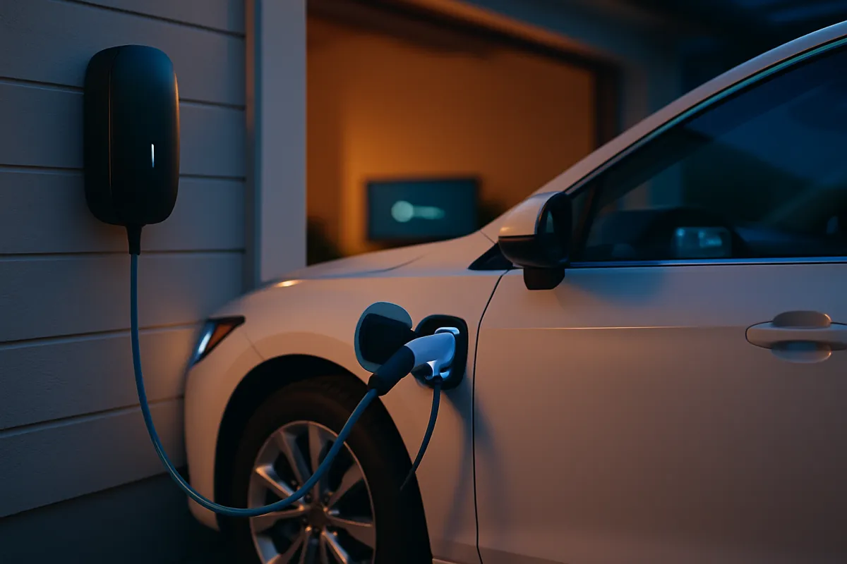 An electric car plugged into a home wall-box charger in a driveway, a charge-limit setting implied on a nearby screen, under warm evening light with a cool electric-blue tint