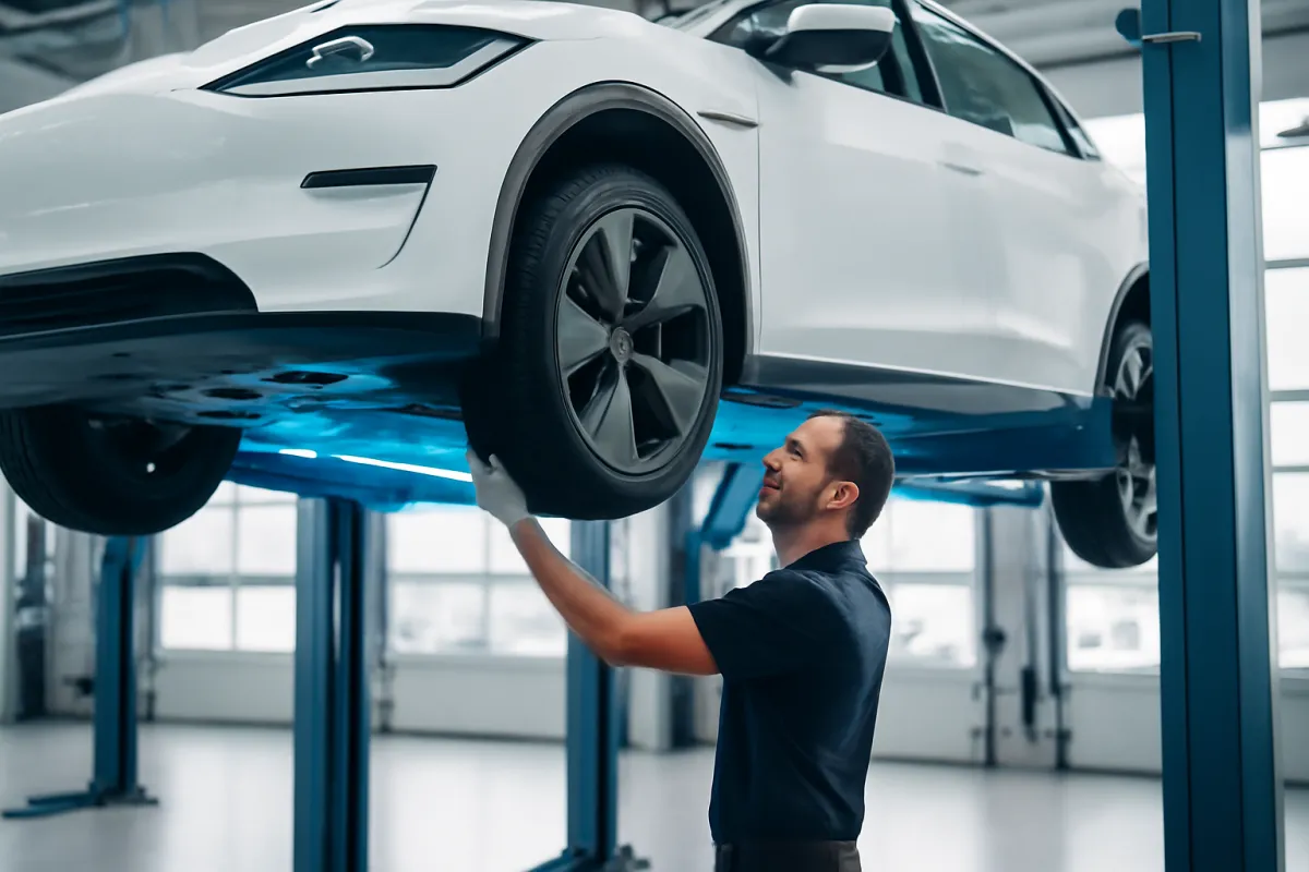 An electric car raised on a lift in a clean, bright service workshop, a technician inspecting the underside, no oily engine parts, under cool electric-blue light