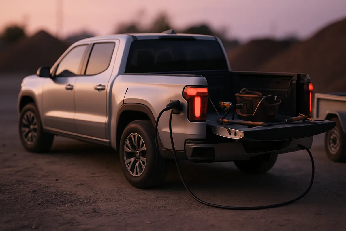 A silver crew cab pickup with the tailgate down parked on bare ground at dusk, a thick black cable running from the rear of the truck and coiling on the gravel