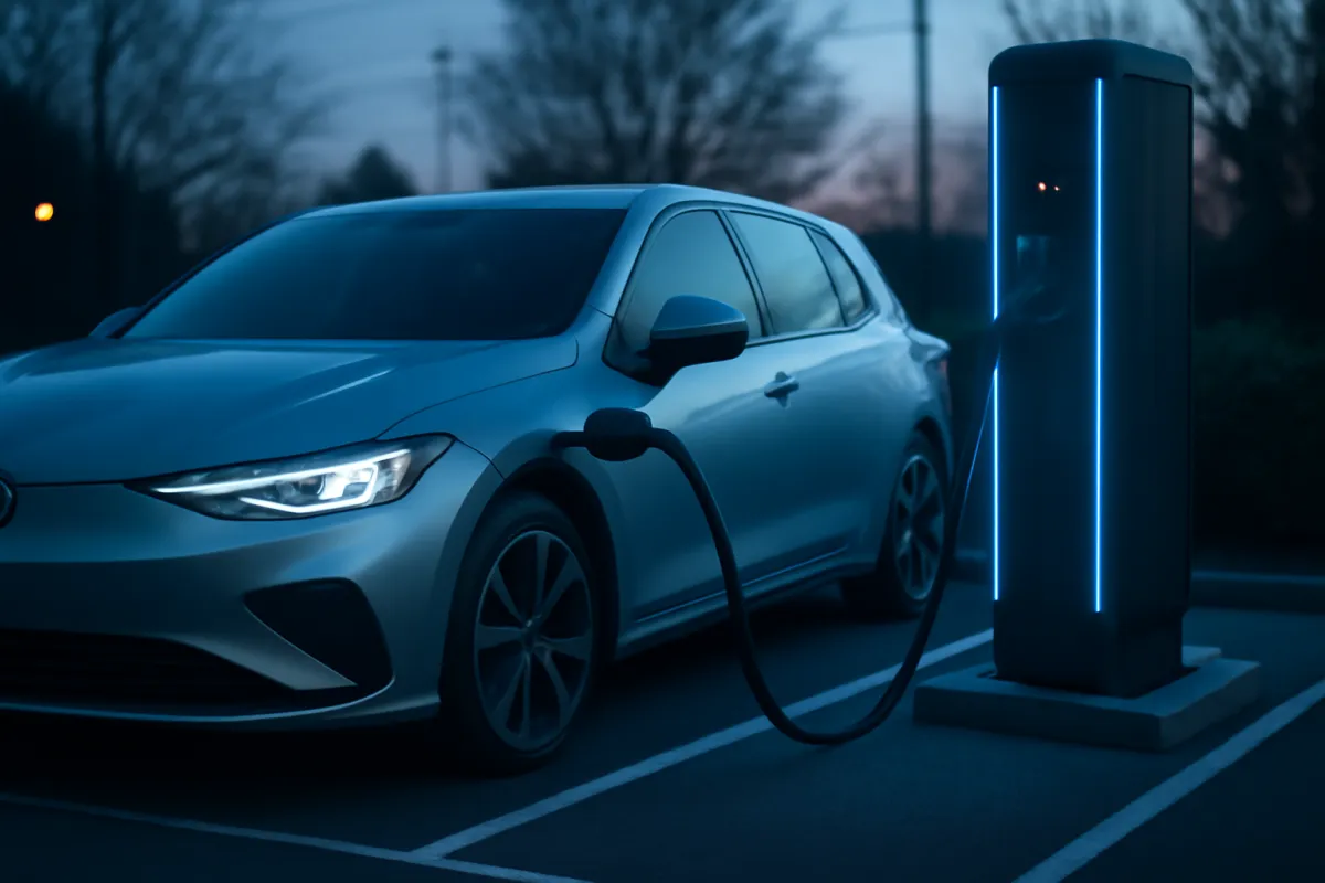 An electric car charging at a public DC fast charging station at dusk with cool electric-blue lighting