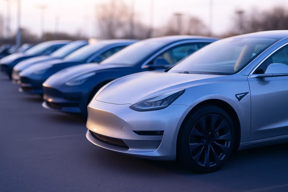 A row of cars parked nose out in a line on an asphalt lot, the nearest one silver and the ones behind it darker, with bare trees and light poles under a pale sky