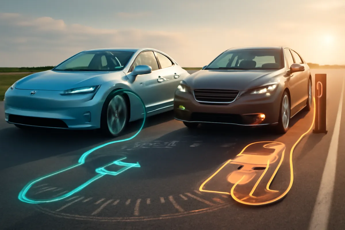 An electric car and a gasoline car driving side by side on an open highway, the EV on a charging concept and the gas car at a fuel pump, with an odometer motif in the road and cool electric-blue light