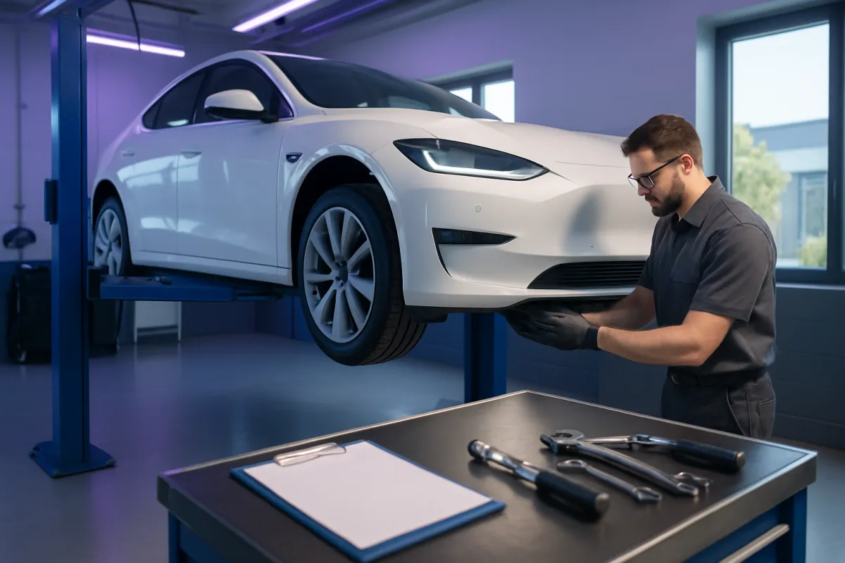 A white car raised on a blue two-post lift in a bright service bay under violet and blue lighting, a technician in gloves working at the front of the car, wrenches and a clipboard on a steel bench in the foreground