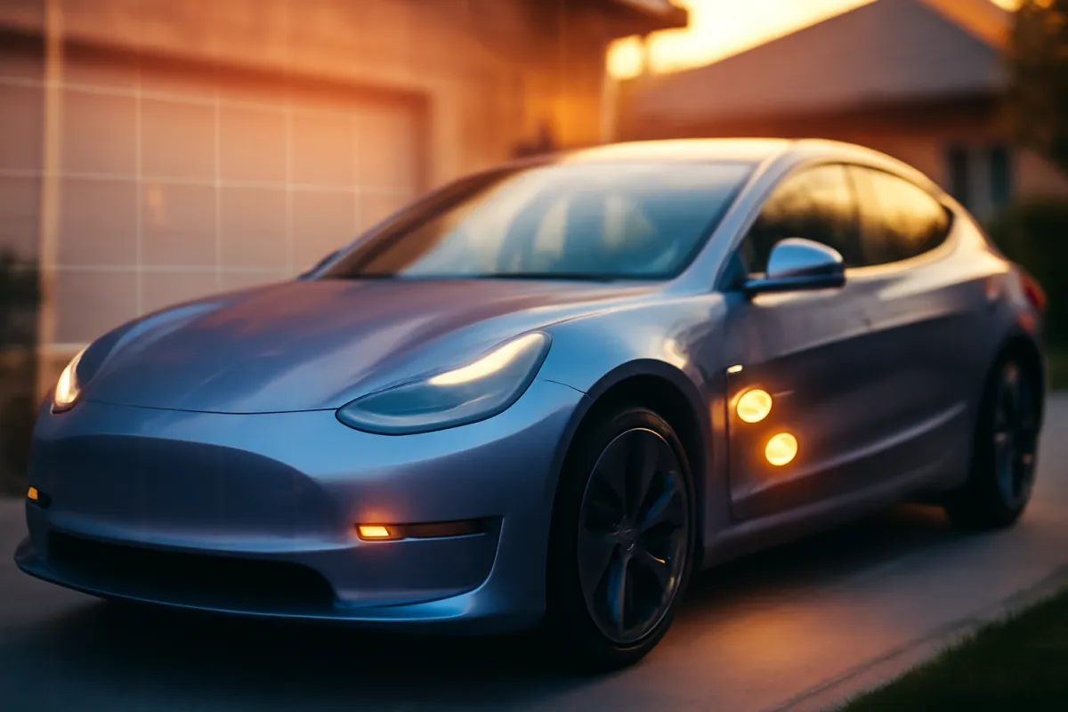 An electric car parked in a residential driveway at golden hour with a faint monthly-budget concept in blue and violet light