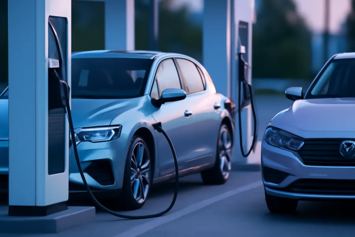 An electric car and a gasoline car parked side by side at a fuel station, the EV on a charging cable and the gas car at a pump, with electric-blue lighting