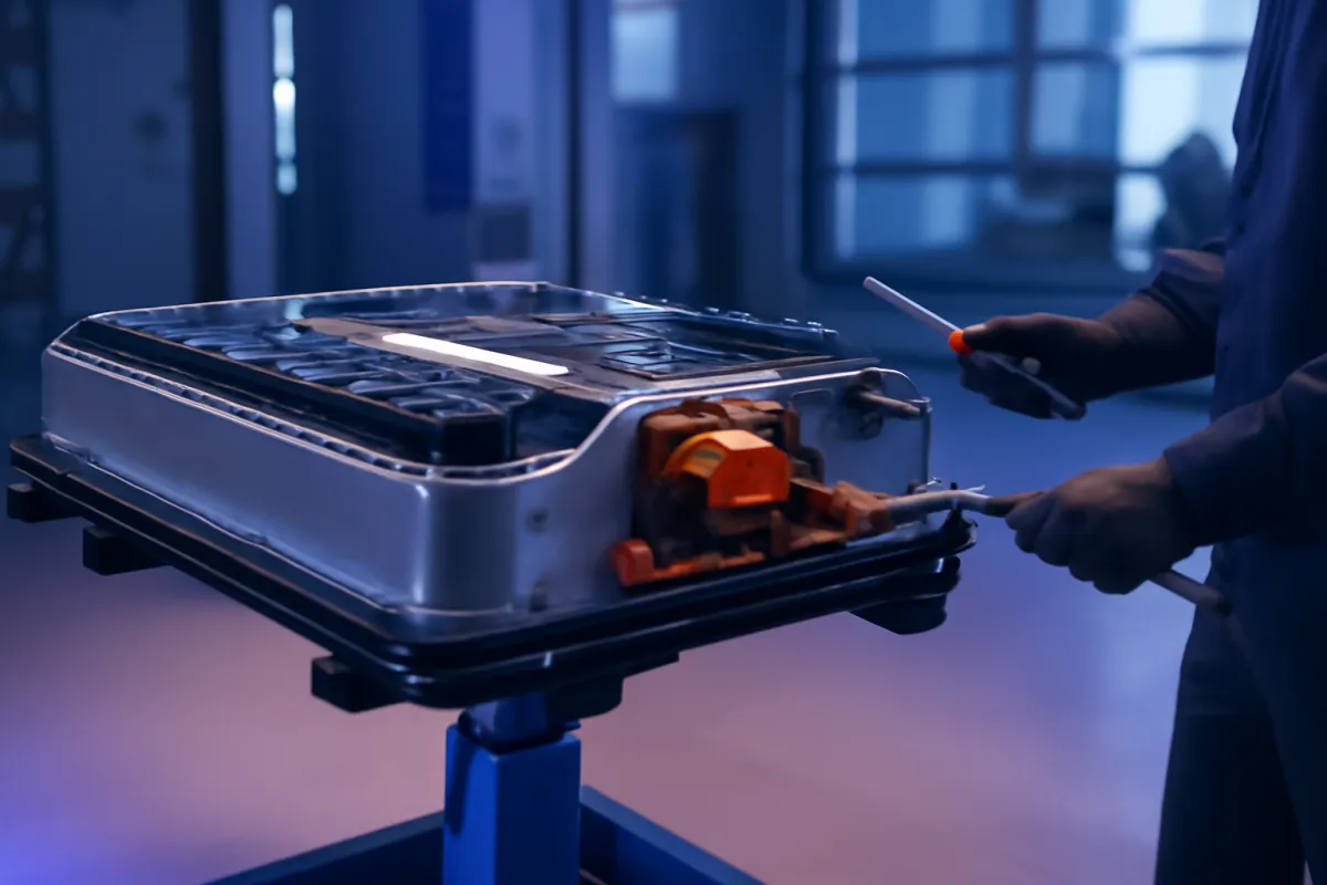 A large electric vehicle battery pack lifted on a service platform in a clean workshop with violet and electric-blue lighting accents