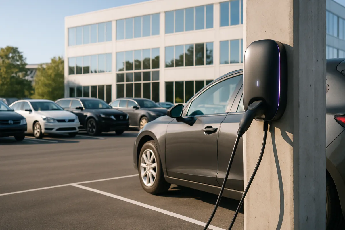 A grey car parked in a marked space in an office parking lot, connected by a cable to a black wall-mounted charging unit with a violet light strip on a concrete pillar