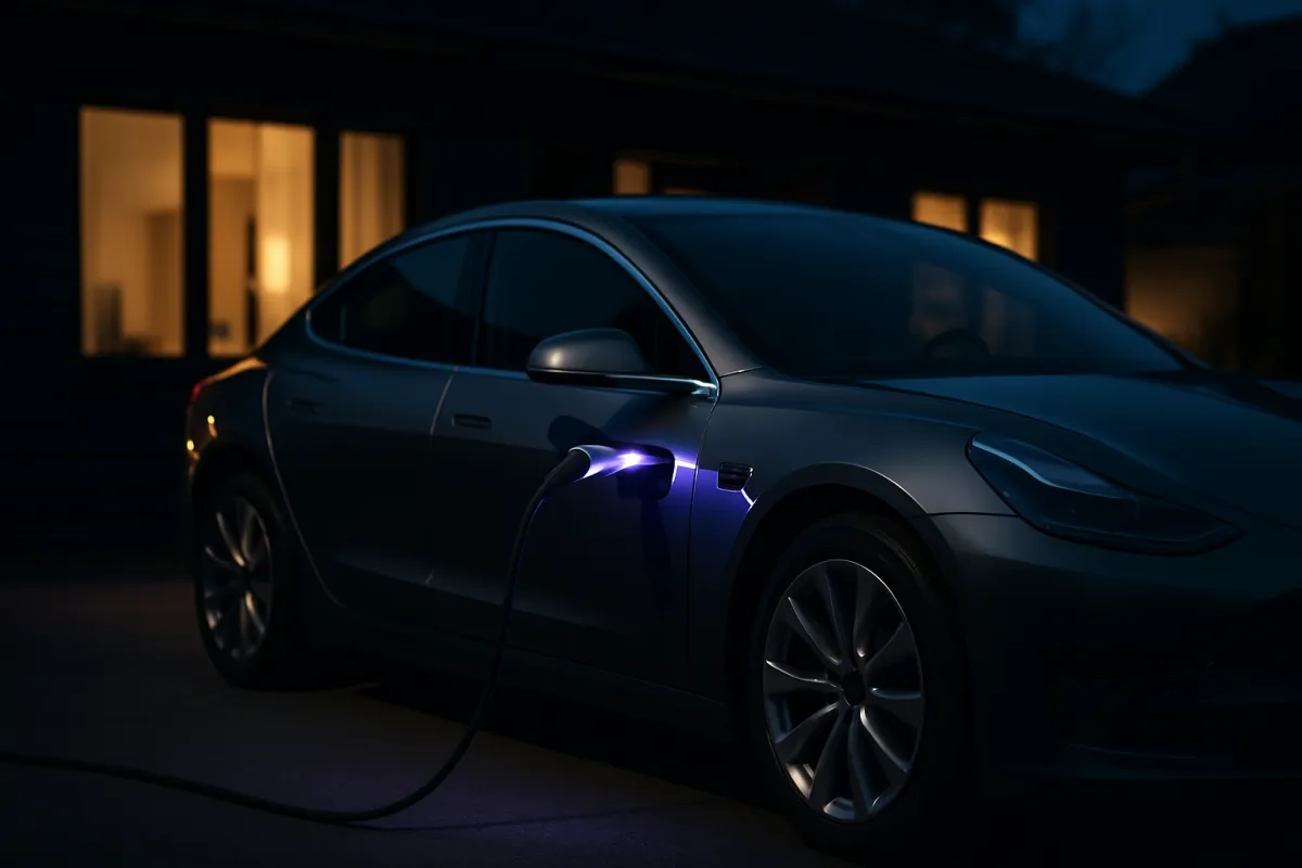 An electric car charging in a home driveway at night with a glowing violet charging cable