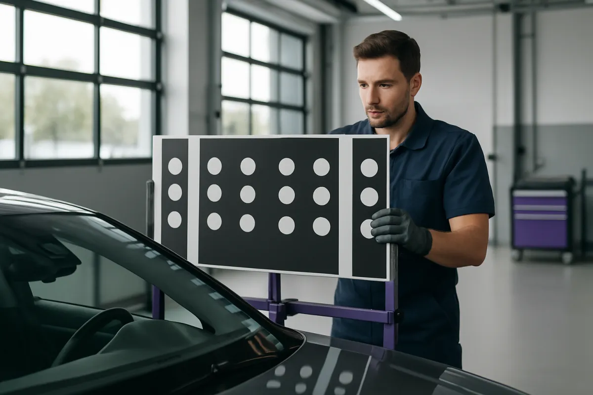 A technician in a bright workshop holding a large black and white dot calibration target on a violet stand beside the windscreen of a dark car, daylight through tall windows