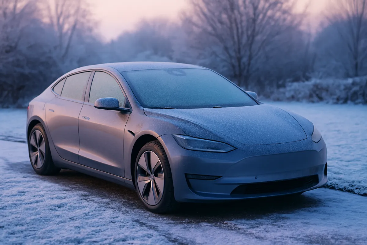 A silver electric sedan parked on a frost-covered road at dawn, a layer of frost across its windows and bodywork, bare frosted trees and snow-dusted ground behind it