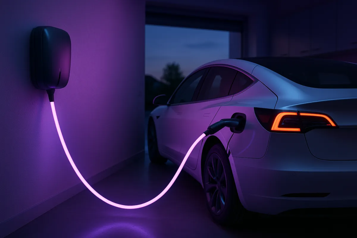 A Level 2 EV charger mounted on a home garage wall beside a parked electric car