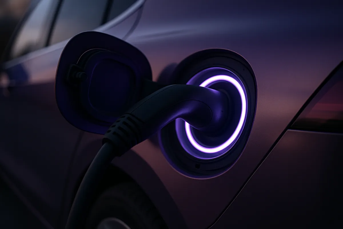 Close-up of an electric vehicle charging port with a glowing violet charge indicator and connected cable at dusk