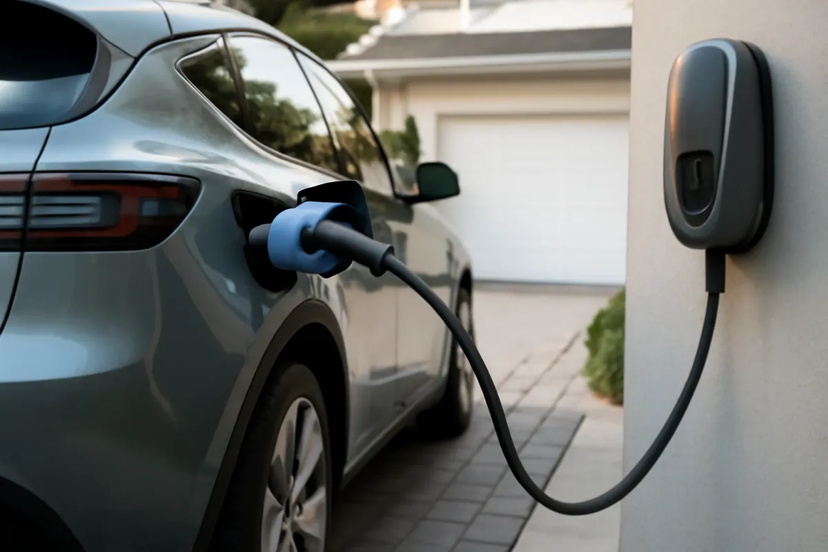 An electric car plugged into a wall-mounted home charger in a residential driveway with an electric-blue tinted charging cable