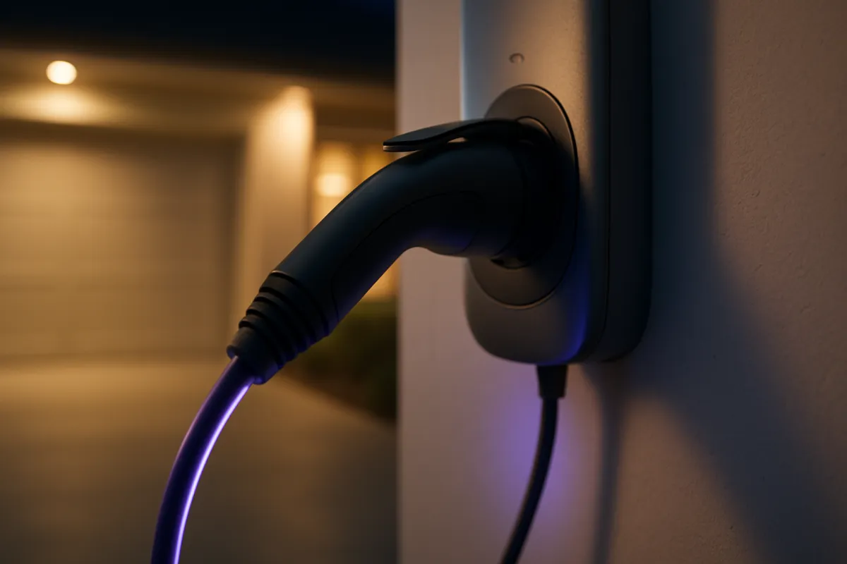 An electric vehicle charging connector plugged into a home wall-mounted charger in a residential garage at night