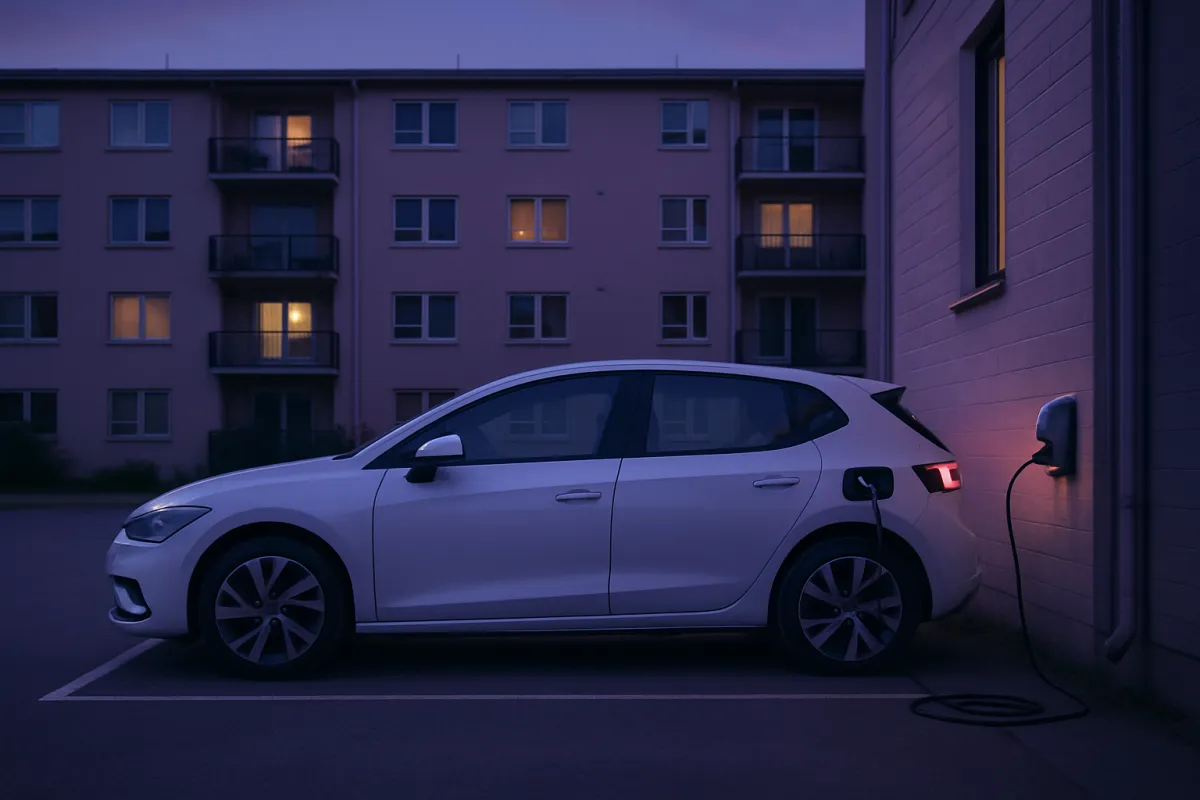 A white hatchback parked in a marked space beside a low apartment block at dusk, a charging cable running from its rear charge port to a small wall unit on the building wall