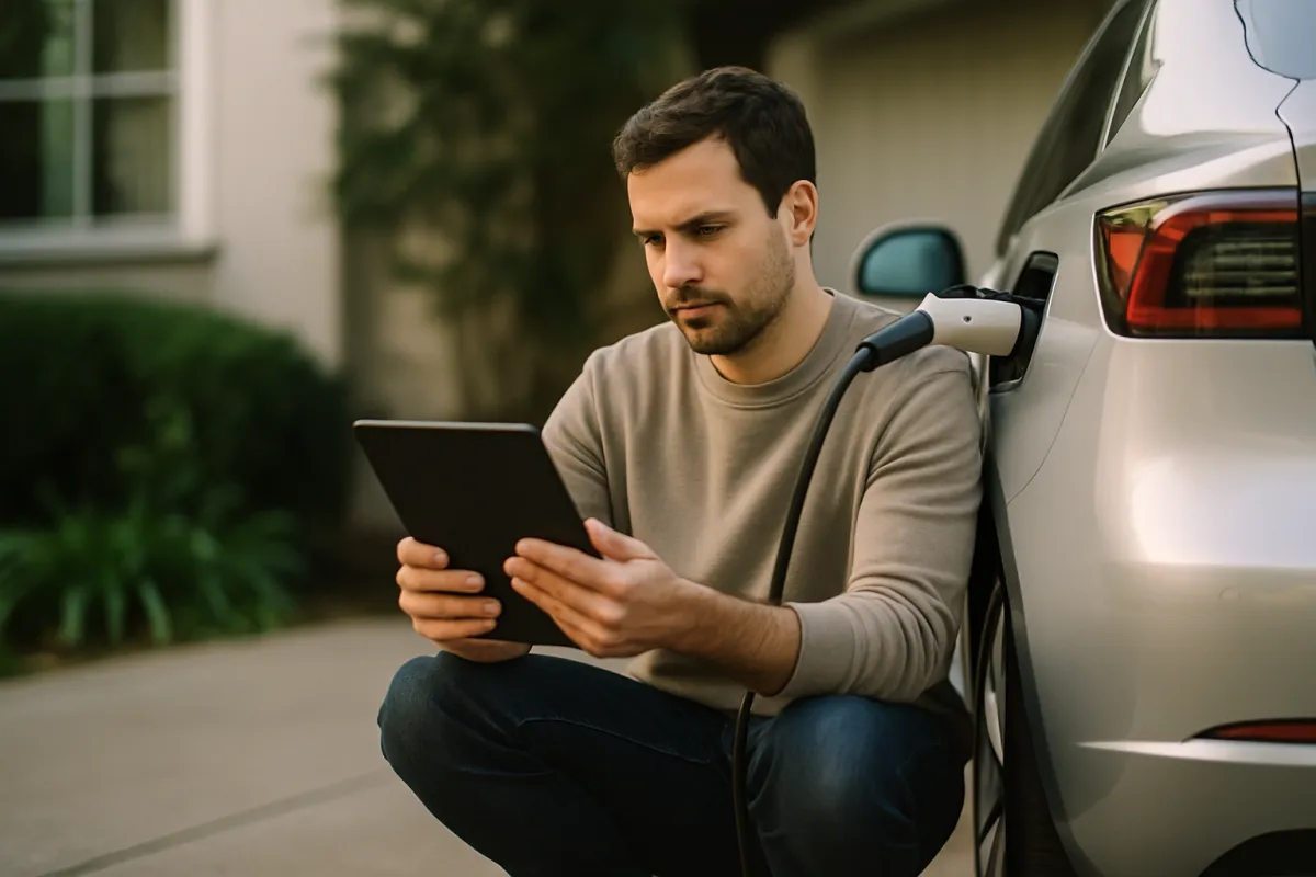 A man crouching beside the rear of a silver car in a driveway, holding a tablet, with a charging connector plugged into the car and greenery behind him