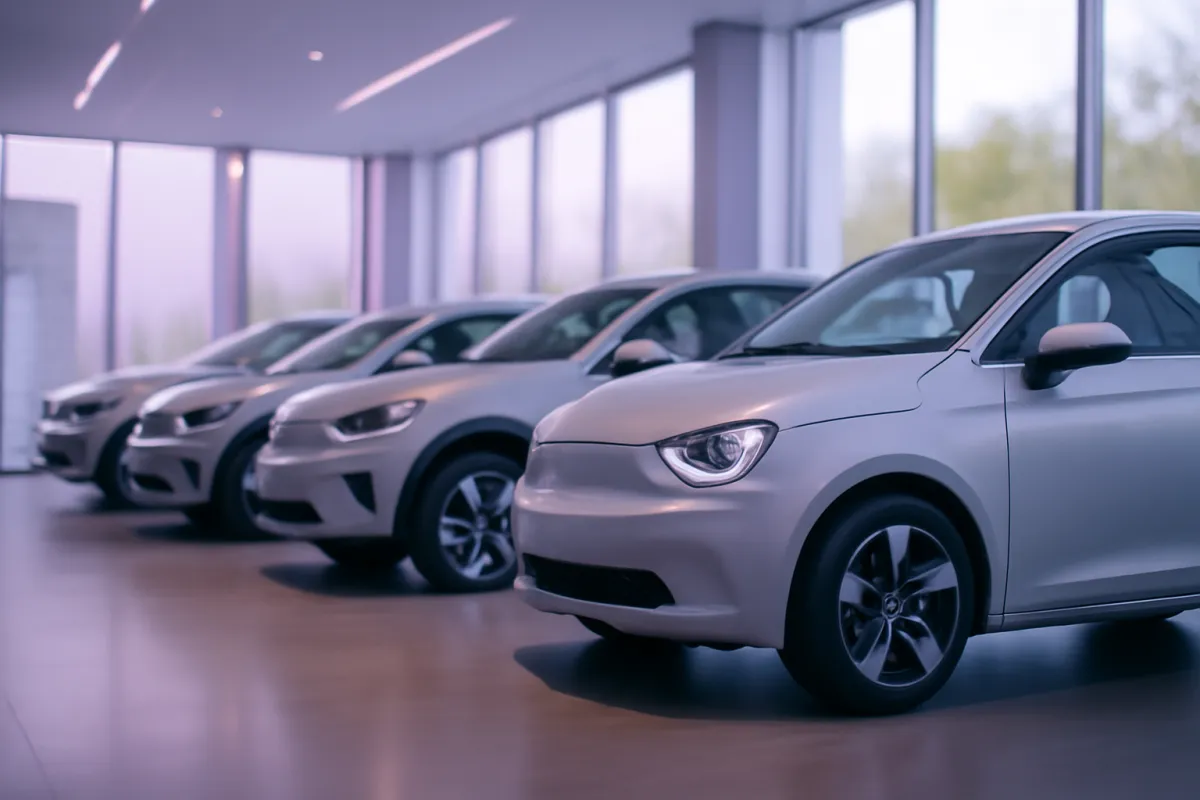 A person reviewing an electric car lease agreement on a tablet beside a new EV in a bright dealership showroom