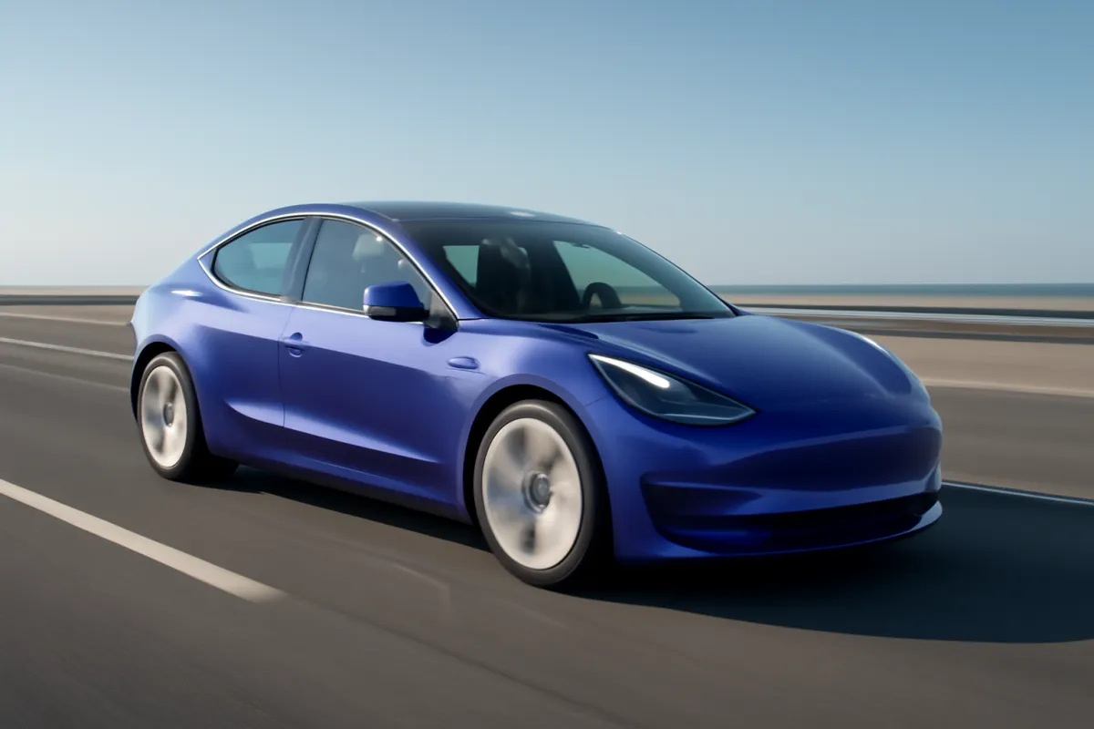 A modern electric car driving on an open empty highway under a clear sky, with a cool violet and electric-blue tint suggesting efficient effortless motion