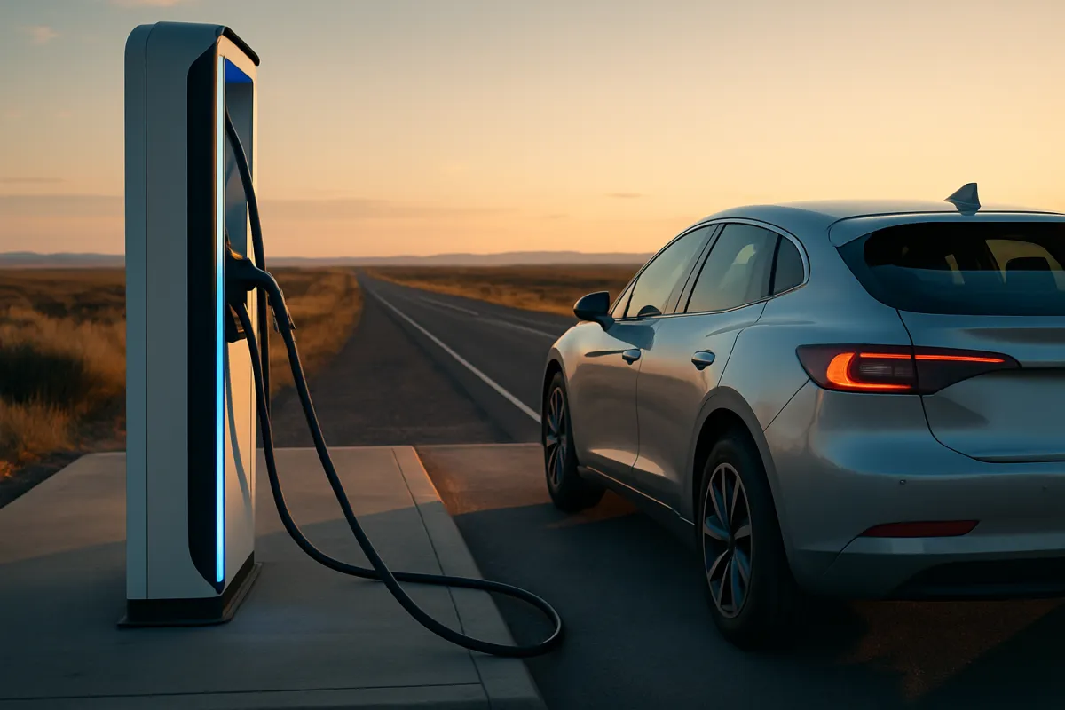 A silver electric crossover parked beside a DC fast charger on an empty two lane road that runs to the horizon at dusk, in a cool violet and amber light