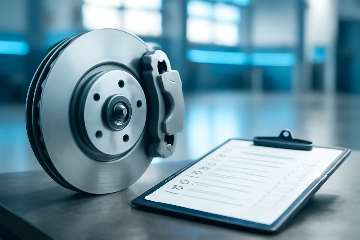 A barely worn EV brake disc and caliper beside a maintenance checklist on a workbench in a bright clean garage, under electric-blue accent light