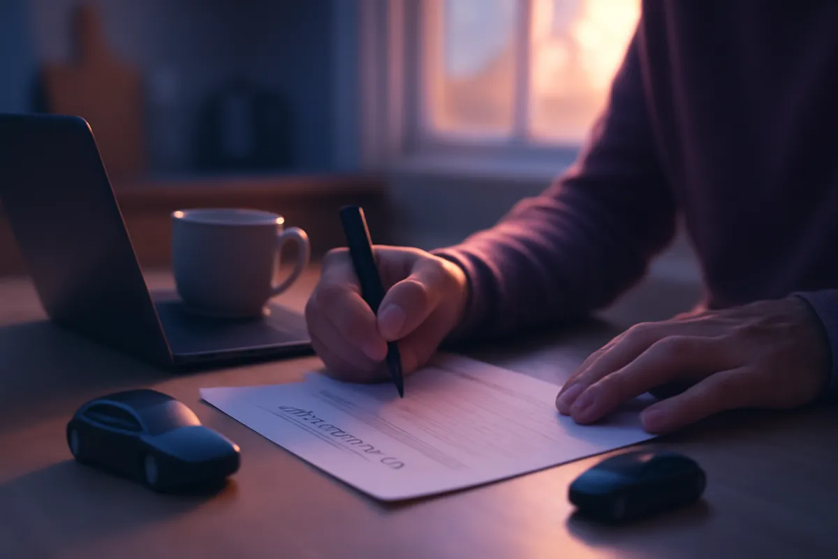 A person reviewing a monthly household car budget at a kitchen table with a laptop and a car key, warm light with a violet tint