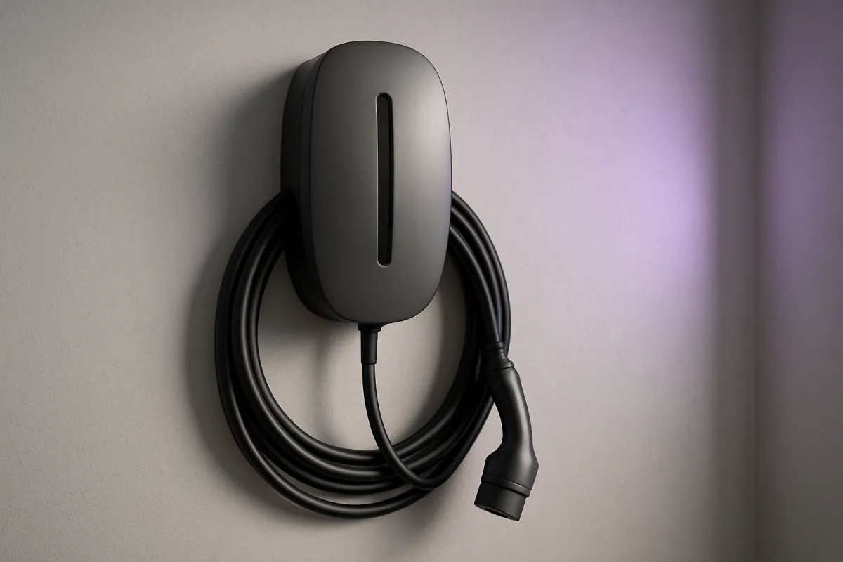 A wall-mounted home EV charging unit with a neatly coiled cable in a garage, lit in cool blue, representing the home-charging fit check for a used electric car