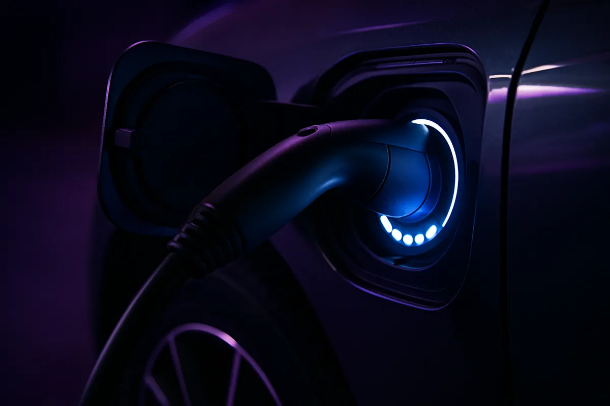 An electric vehicle charging cable plugged into a car with a glowing charge indicator