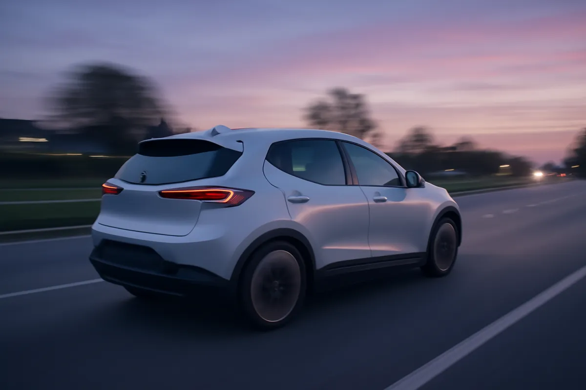 A white electric hatchback driving along an open road at dusk with a soft pink and purple sky, the taillights lit
