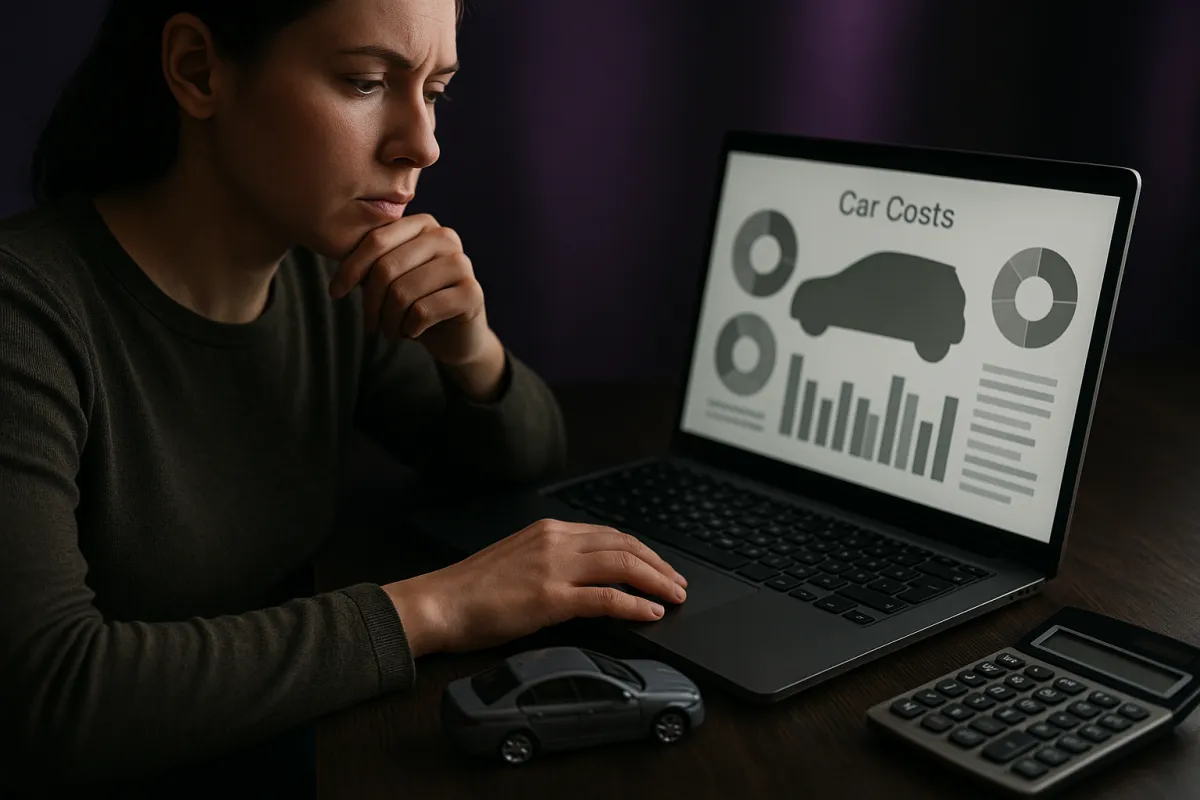 A person reviewing car costs on a laptop with a calculator and a model car