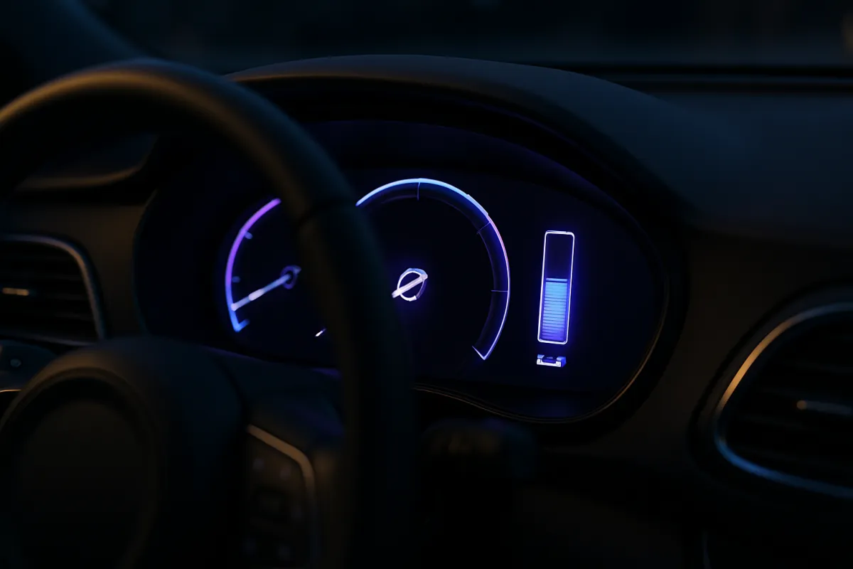 An electric car dashboard display showing range and battery level
