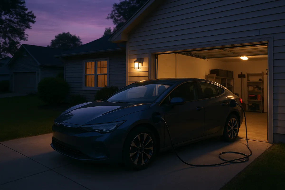 An electric car charging in a driveway beside a house at dusk