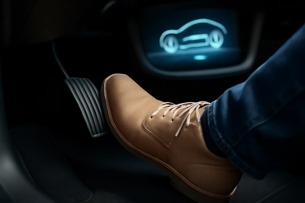 Close view of a driver's foot easing gently off the accelerator pedal in an electric car, with a soft cool-blue dashboard energy-flow glow
