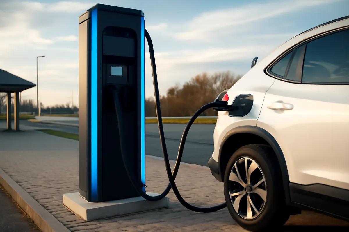 A DC fast charging station beside a highway rest stop with an electric car connected and electric-blue accent lighting