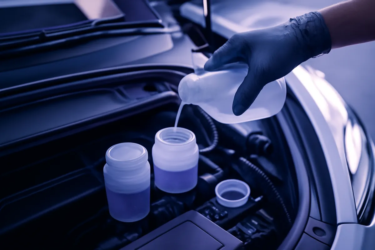 A gloved hand topping up brake fluid and coolant reservoirs in the clean, sparse front compartment of an electric car, under cool violet and electric-blue light