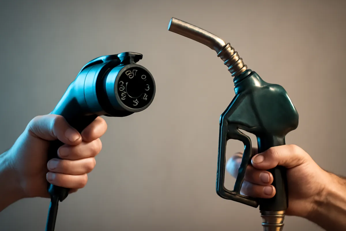 An EV charging connector held in one hand and a gasoline pump nozzle in the other, side by side against a plain background, the charger in cool blue light and the nozzle in warm light