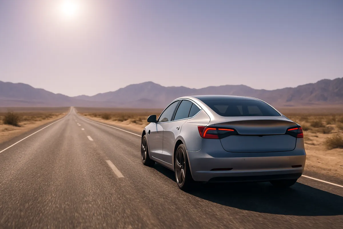 An electric car on a long desert highway with heat shimmer rising from the asphalt under harsh midday sun