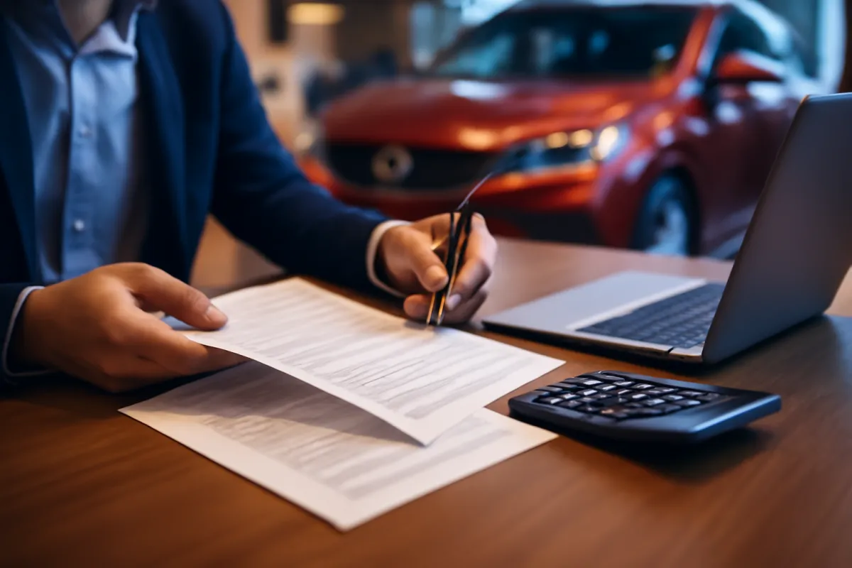 A person comparing electric vehicle incentive documents and a laptop at a kitchen table