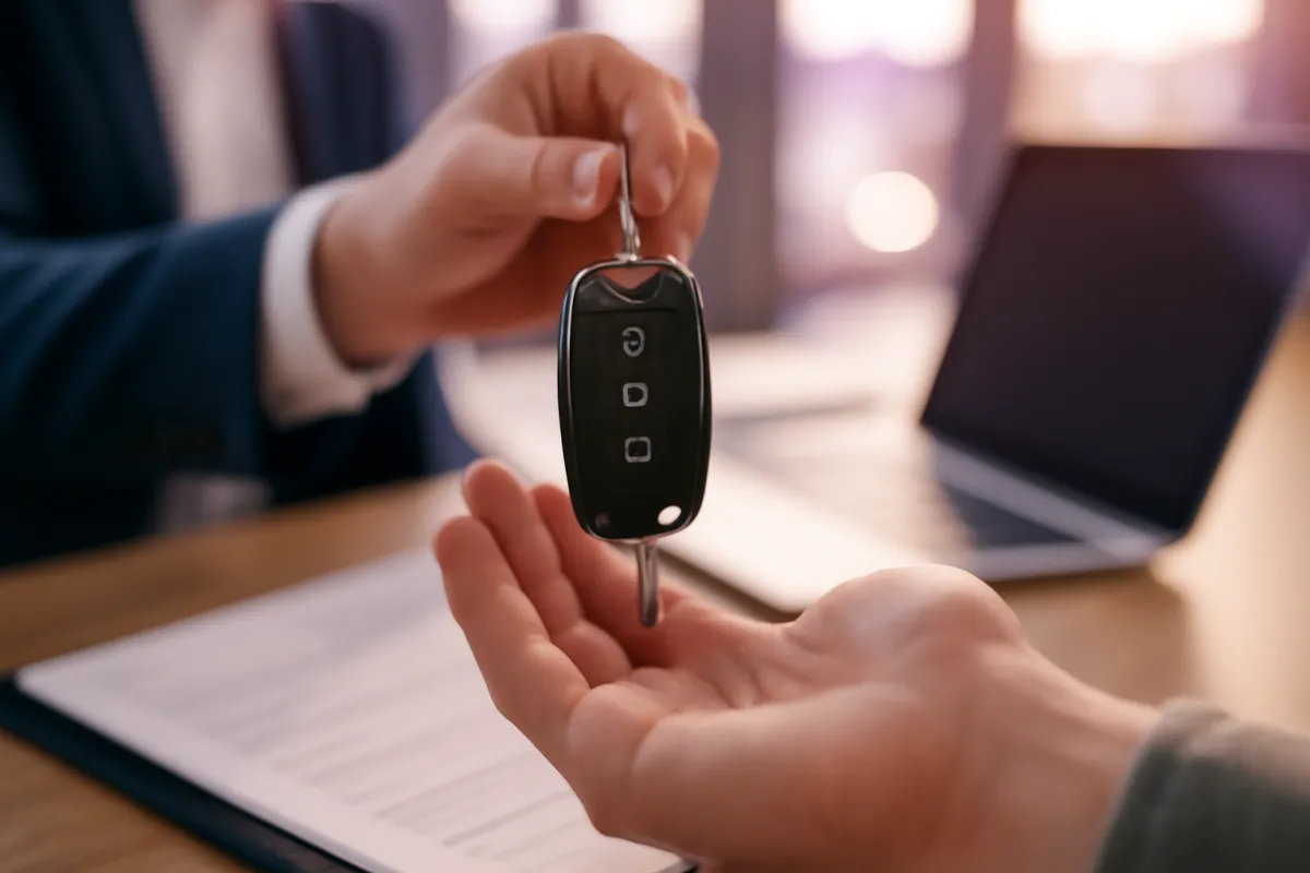 A person receiving car keys handed across a dealership desk with a laptop and paperwork, warm light with violet accents