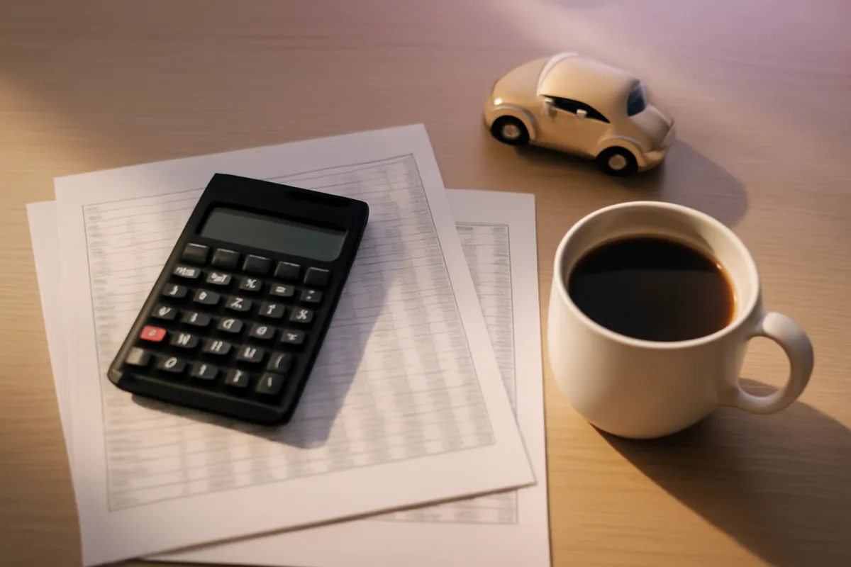 A desk with a calculator, printed cost spreadsheets, a coffee cup, and a small toy car, in warm natural light with a violet tint
