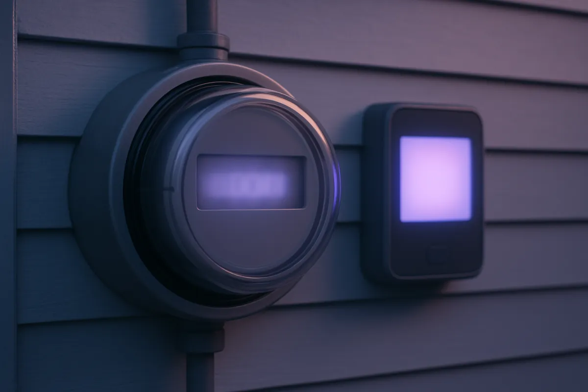 A residential electricity meter and smart energy monitor on a house wall with a softly glowing display
