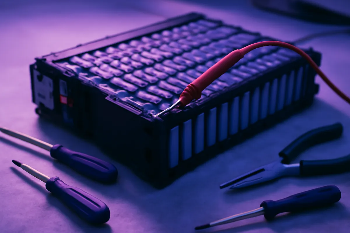 Close-up of an electric vehicle battery module and rows of lithium cells on a workbench with a diagnostic probe and small tools, representing verifying a used EV's battery state of health