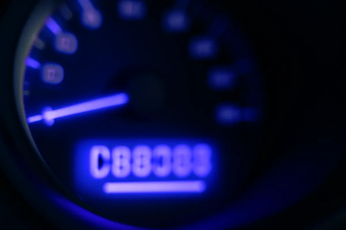A blurred car odometer and trip computer glowing in cool violet and electric-blue dashboard light with no legible numbers, representing reading mileage against battery health on a used EV