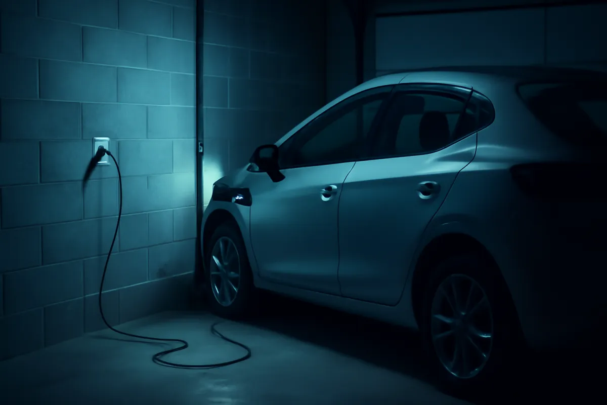 An electric car parked overnight in a home garage plugged in to charge, with a soft electric-blue glow in the dim light