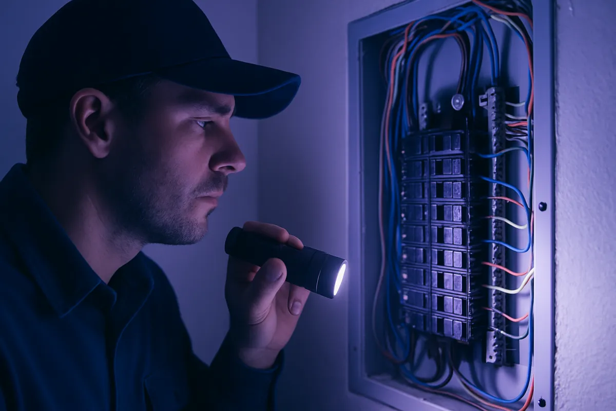 An electrician inspecting a residential breaker panel with a flashlight