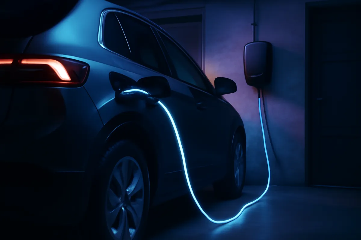An electric car plugged into a home wall charger in a garage at night with the cable glowing softly blue