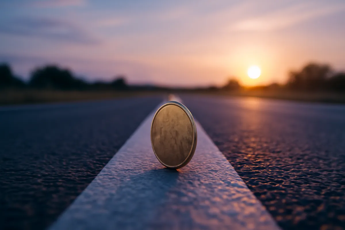 A single coin standing on end on an open road with lane markings receding to the horizon, symbolising cost per mile, under a soft electric-blue and violet sky