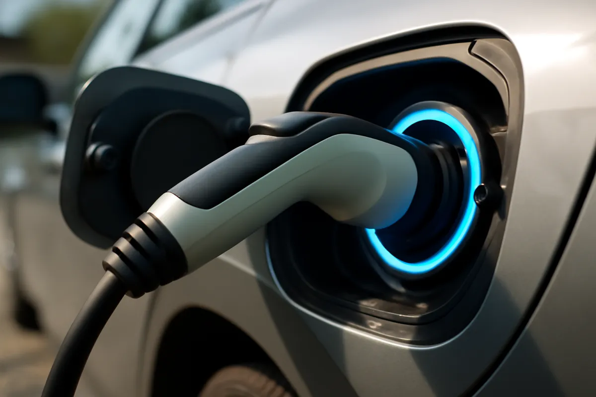 A charging connector being plugged into an electric car's charge port, with a glowing electric-blue status light on the port