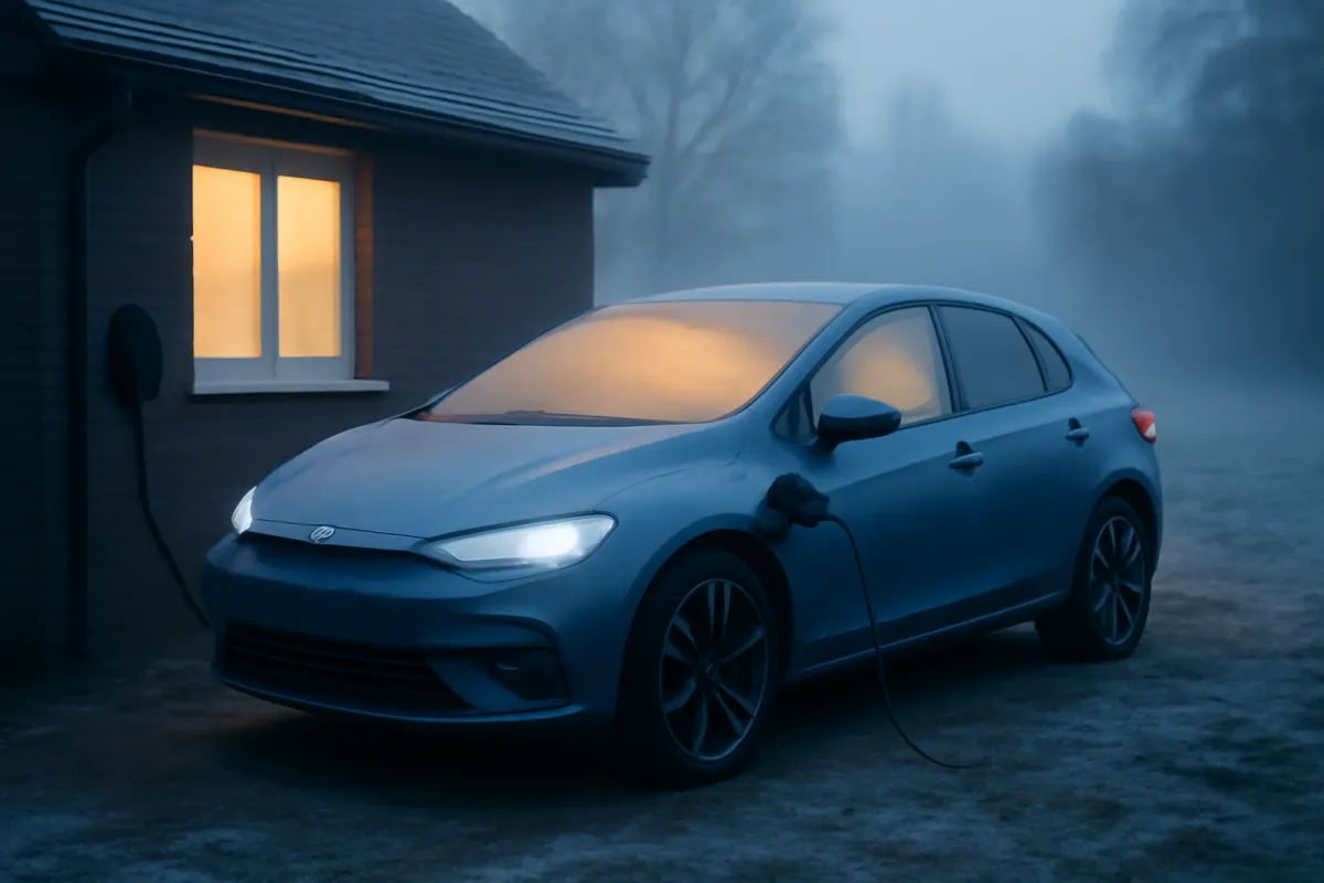 An electric car plugged into a home charger on a cold frosty morning, cabin windows lit warm while the exterior is cool blue, illustrating preconditioning