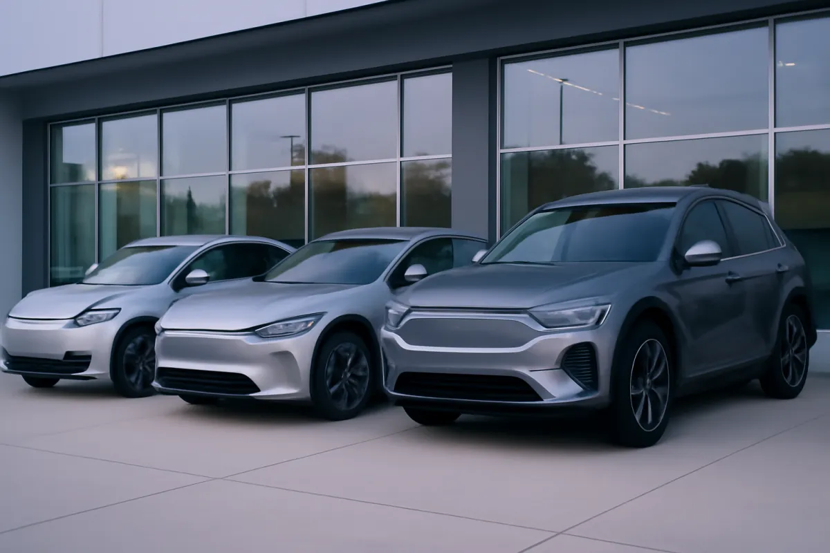 Three silver and grey cars parked side by side outside a glass-fronted building in flat daylight, with no visible badges or text