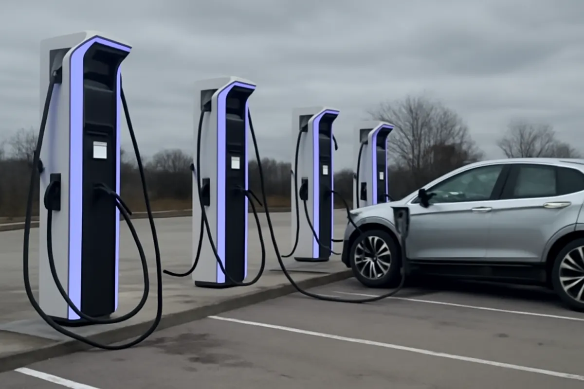 A row of charging stalls in an open retail parking lot with an electric car plugged in on an overcast day, tinted with a cool electric-blue accent
